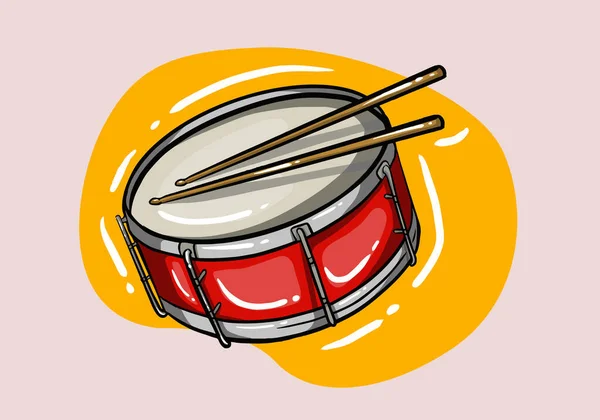 手描きレッドドラムと木のドラムスティック 漫画風打楽器 — ストックベクタ