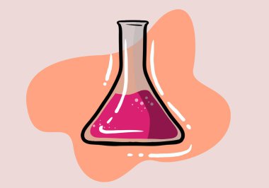 Pembe matara sıvı ikonu. Kimyasal laboratuvar araştırması. Vektör illüstrasyonu. El çizimi laboratuvar bilim ekipmanları..