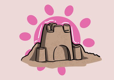 Sahildeki kumdan kale. Mutlu çocukluk hobisi. Arka planda vektör çizimi.