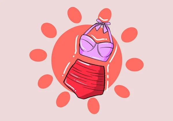 手描きの夏の水着 ビキニのキャトンスタイル ビキニの流行 ファッショナブルな女性の下着 女性のワードローブ服 — ストックベクタ