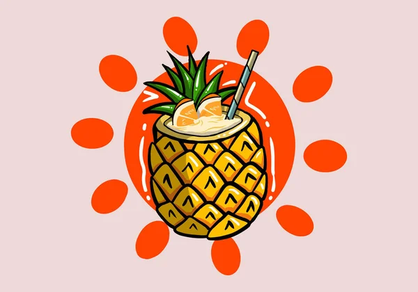 Süslü Ananas Kokteyli Ananas Yaprakları Renkli Saman Tüpü Arka Planda — Stok Vektör