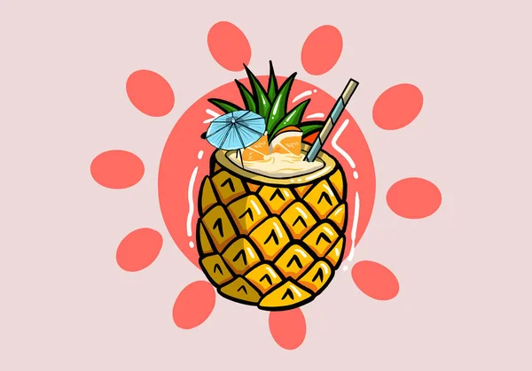 Cocktail Ananas Garni Feuilles Ananas Tube Paille Coloré Deux Tranches — Image vectorielle