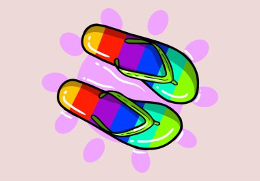 Plaj tatili tasarımları için el çizimi renkli terlikler. Sandal plajı renkli giyinir. Parmak arası terlikler.