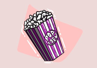 Patlamış mısır el çizimi vektörü. Patlamış mısır, sinema filmi kutusu, yemek kovası, film atıştırmalığı, torba konteynırı patlamış mısır skeci. izole edilmiş renk çizimi