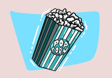Patlamış mısır el çizimi vektörü. Patlamış mısır, sinema filmi kutusu, yemek kovası, film atıştırmalığı, torba konteynırı patlamış mısır skeci. izole edilmiş renk çizimi