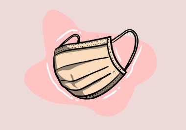 Elle çizilmiş renkli tıbbi yüz maskesi düz vektör çizimi. Hemşire, tıbbi tek kullanımlık ekipman arka planda izole edilmiş..