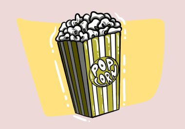 Patlamış mısır el çizimi vektörü. Patlamış mısır, sinema filmi kutusu, yemek kovası, film atıştırmalığı, torba konteynırı patlamış mısır skeci. izole edilmiş renk çizimi