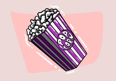 Patlamış mısır el çizimi vektörü. Patlamış mısır, sinema filmi kutusu, yemek kovası, film atıştırmalığı, torba konteynırı patlamış mısır skeci. izole edilmiş renk çizimi
