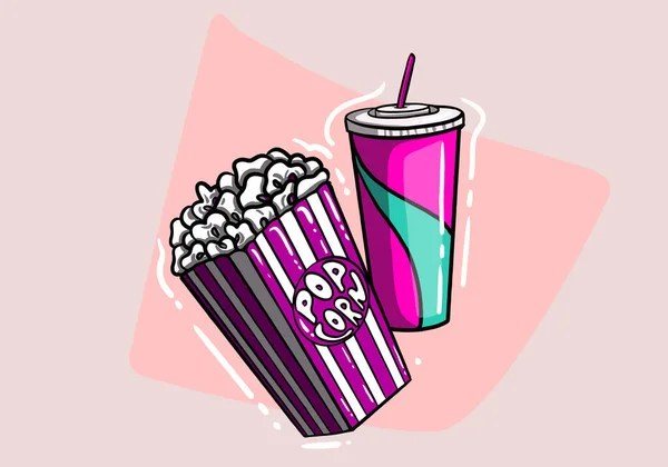 Popcornem Napojami Orzeźwiającymi Słomą Ikona Kino Stylu Dsign Płaski Ilustracja — Wektor stockowy