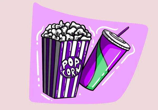 Popcornem Napojami Orzeźwiającymi Słomą Ikona Kino Stylu Dsign Płaski Ilustracja — Wektor stockowy