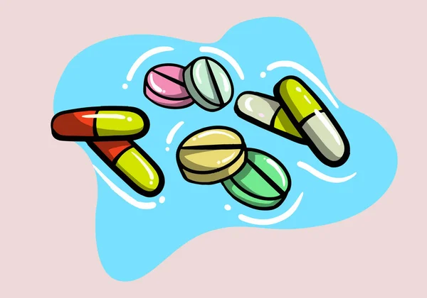 異なる色や形状の錠剤 薬のアイコン白い背景に隔離されたカプセル 医療用医薬品のベクトル図漫画シンプルなフラットスタイル — ストックベクタ