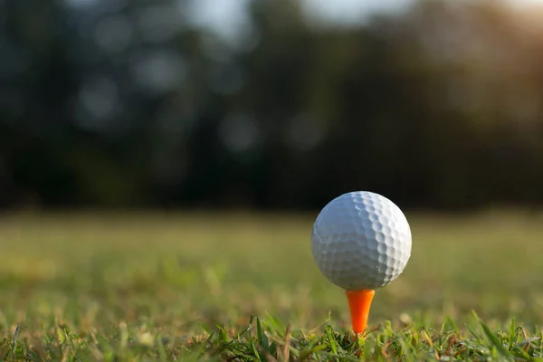 Golfball Beim Abschlag Auf Einem Wunderschönen Golfplatz Mit Morgensonne Golfbereit — Stockfoto