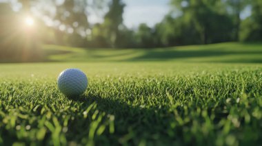 Golf topu yeşil çimlerin üzerinde sabah güneşli güzel bir golf sahasında. İlk kısa devrede golfe hazır. Dünyanın dört bir yanındaki insanların sağlık için yaptıkları sporlar..