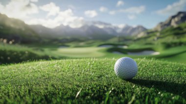 Golf topu yeşil çimlerin üzerinde sabah güneşli güzel bir golf sahasında. İlk kısa devrede golfe hazır. Dünyanın dört bir yanındaki insanların sağlık için yaptıkları sporlar..