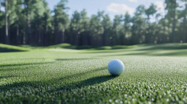 Golf topu yeşil çimlerin üzerinde sabah güneşli güzel bir golf sahasında. İlk kısa devrede golfe hazır. Dünyanın dört bir yanındaki insanların sağlık için yaptıkları sporlar..