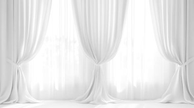 Grafik tasarımı veya duvar kağıdı için yumuşak beyaz perde arka planı. Tiyatro konseptinde klasik tarzda yumuşak dalgalarla lüks bir fon..