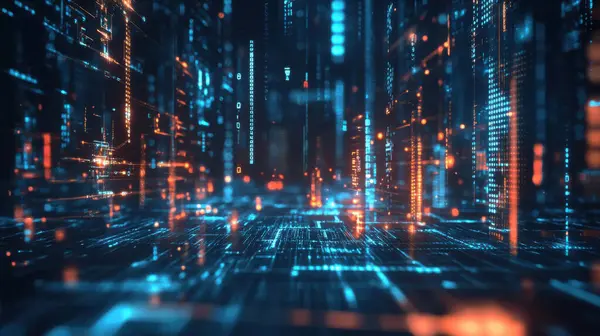 Grafik tasarımı için dijital arkaplan. Teknolojik süreç yapay sinirsel ağ yapay zeka veri transferi ve güvenliği. Bilimkurgu multimedya holografik efektinin sunumu.
