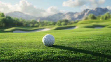 Golf topu yeşil çimlerin üzerinde sabah güneşli güzel bir golf sahasında. İlk kısa devrede golfe hazır. Dünyanın dört bir yanındaki insanların sağlık için yaptıkları sporlar..