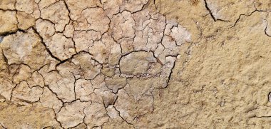 Zemin, kuraklık ve ölüm kavramına sahip arka plan veya grafik tasarımı için üst görünümde çatlaklar var..