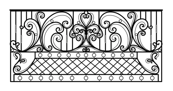 锻铁阳台 黑色金属护栏 白色背景上有锻造的饰物 进入用钢制矢量装饰的平台 古典式建筑物件 正面黑色维多利亚式建筑 — 图库矢量图片