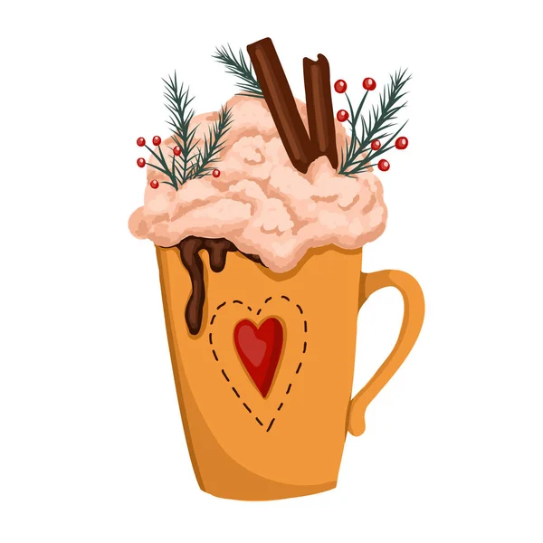 Keramische Tasse Mit Heißer Schokolade Sahne Und Marshmallows Zimtstange Und — Stockvektor