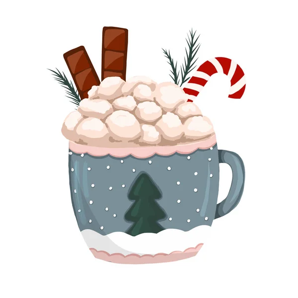 Sıcak Çikolata Krema Marşmelovlu Seramik Bardak Tarçın Çubuğu Tarçın Kış — Stok Vektör
