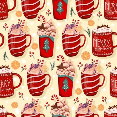 Noel bardaklarıyla ambalaj kağıdı. Şekerlemeli ve kremalı sıcak kış içeceği. Hygge tarzında rahat, pürüzsüz bir desen. Noel süsü.