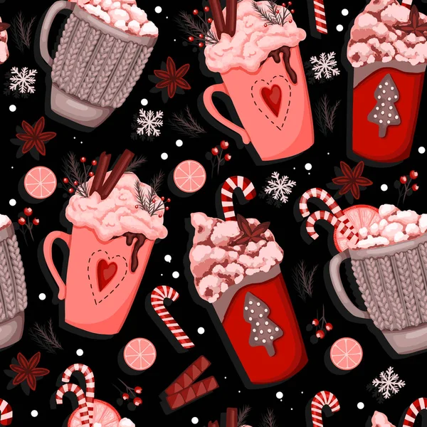 Noel Bardaklarıyla Ambalaj Kağıdı Şekerlemeli Kremalı Sıcak Kış Içeceği Hygge — Stok Vektör