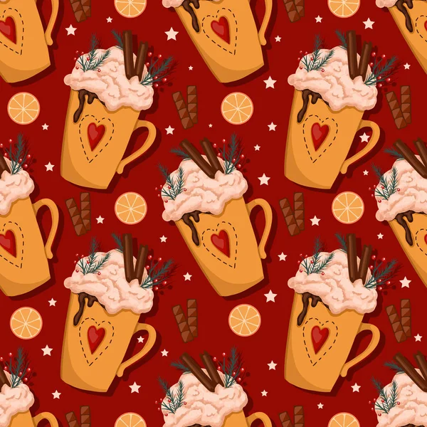 Обертываю Бумагу Рождественскими Чашками Горячий Зимний Напиток Зефиром Сливками Уютный — стоковый вектор