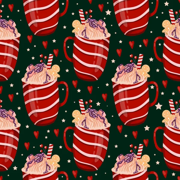 Wikkel Papier Met Kerstbekers Warme Winterdrank Met Marshmallows Room Gezellig — Stockvector