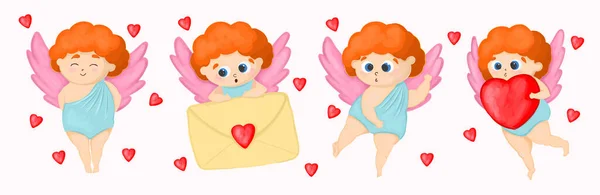 Mascote Amur Poses Diferentes Anjo Cupido Personagem Dia Dos Namorados — Vetor de Stock