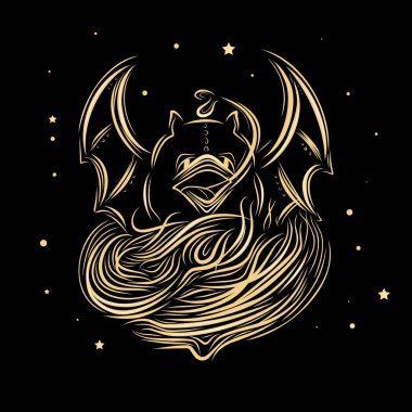 Siyah arka planda bir yarasanın silüeti. Dövme için doğrusal çizim. Tişört bastırmak için modaya uygun gençlik baskısı