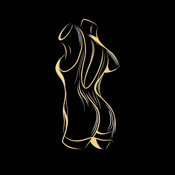 Vrouwelijk Lichaam Silhouet Zwarte Achtergrond Lineaire Schets Voor Een Tatoeage — Stockvector