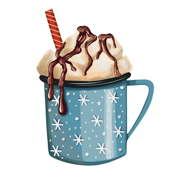 Šálek Vánočním Kakaem Smetanou Marshmallow Cappuccino Hrnek Zimní Teplý Nápoj — Stockový vektor