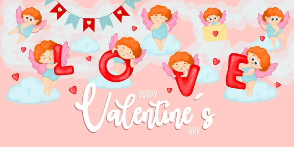 Sevgililer Günü Nde Meleklerle Birlikte Yatay Pankart Aşk Kelimesi Mutlu — Stok Vektör