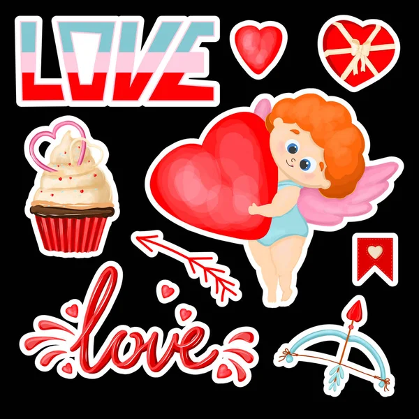 Set Stickers Valentine Day Cupid Cupid Red Hearts Love Quotations — Stockový vektor