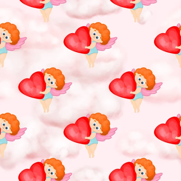 Seamless pattern with angels and hearts. Digital paper for valentine\'s day. Cupid helper.Funny cupid angel character with wings. Pink clouds. Textile and wrapping paper design.