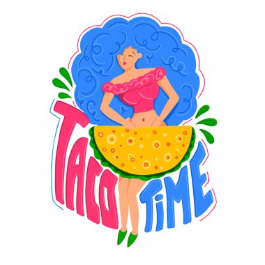 - Taco. Meksika mutfağı. Bir kız ve bir taco resmi. Tişört ve kartpostallara baskı yapmak için modern baskı