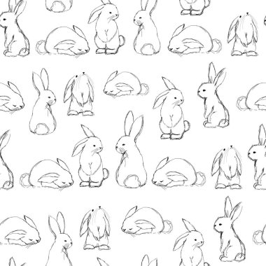 Year of the rabbit seamless pattern. Painted rabbits on a white background. Vector endless ornament. Cute bunnies for children s room and textiles. Baby animals. Forest dwellers.