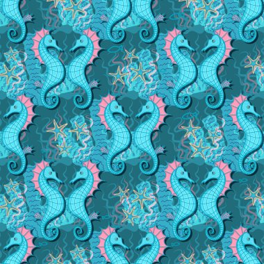 seahorse pattern. seamless pattern in nautical style. Underwater creatures, starfish, seahorse, corals, fish. nautical, nautical endless wallpaper, background. Hand drawn style.