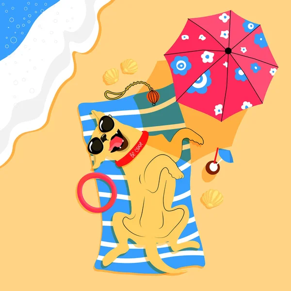 Cool Dog Lies Beach Umbrella Sunglasses Labrador Vacation Dog Vacation — ストックベクタ