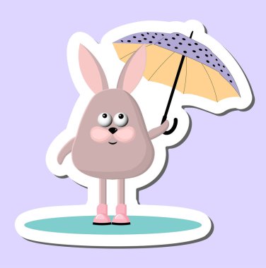 Rabbit with an umbrella. Cute bunny sticker. Vector illustration of a rabbit.