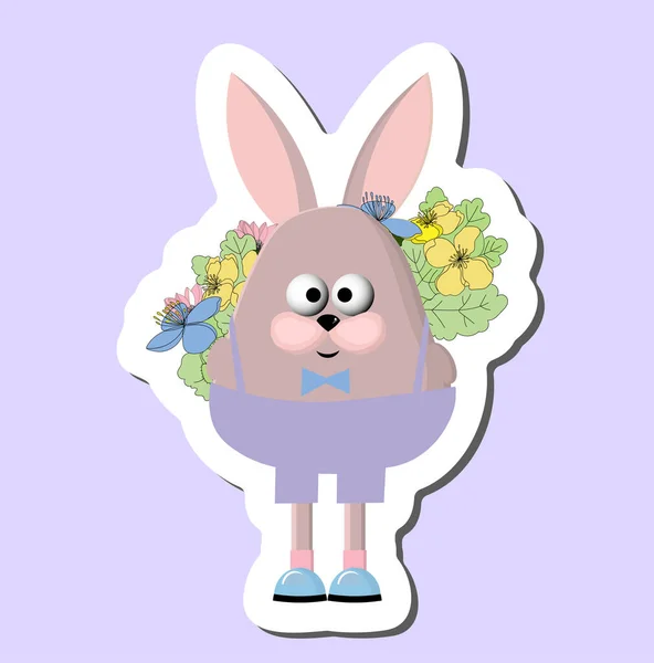 Fröhlich Lustiges Kaninchen Mit Blumen Frühlingshafte Stimmung Frühlingsaufkleber — Stockvektor