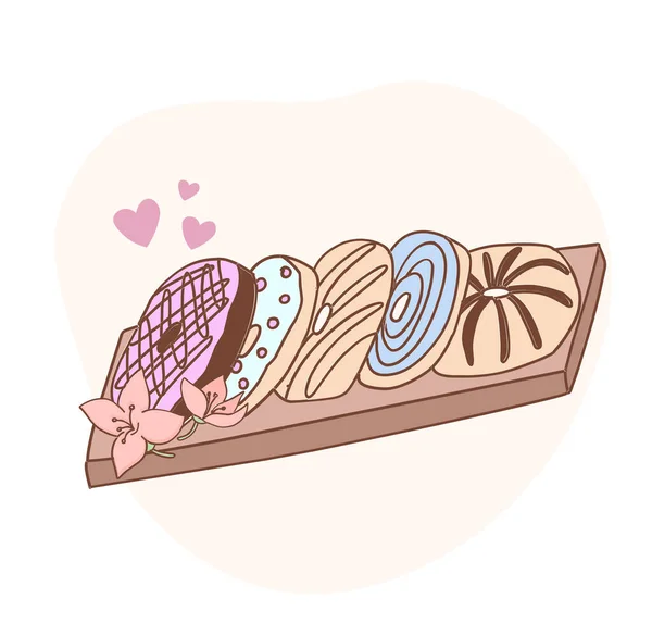 国民のドーナツの日 ガラスの甘いドーナツ 面白いアメリカのカワイイ伝統的な甘いドーナツベクトルイラストを描く アメリカの伝統的な料理 メニューのコンセプト 漫画風の落書き — ストックベクタ