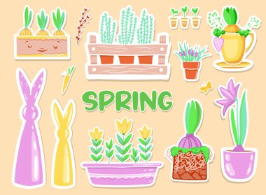 Bahar zamanı çıkartmaları, dekoratif çiçek ve bahçe tasarımlı mıknatıs koleksiyonu. Büyüyen bitkiler.