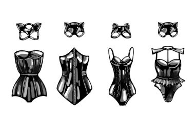 Lateks kedi ve tavşan maskesi. Siyah lateks. Kadın korsesi. fetiş.