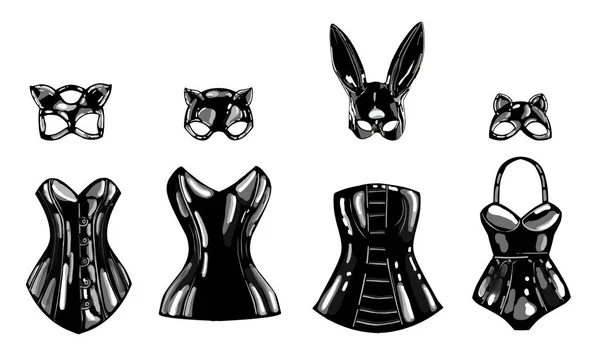 乳胶猫和兔子面具 黑色乳胶 女性紧身胸衣 恋物癖 — 图库矢量图片