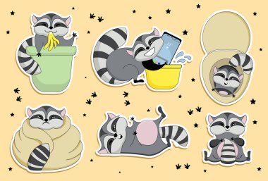 Rakun çıkartmaları. Komik rakunlar karakterler planlayıcı için çıkartmalar.