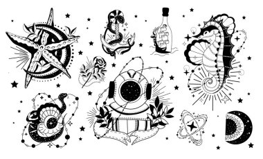 Uygulamalı mistik vektör kavramı. İllüstrasyon okültizm dövmesi, esrarengiz cadılık sancak çizimi. Okültizm sembolleri, ezoterik nesneler..