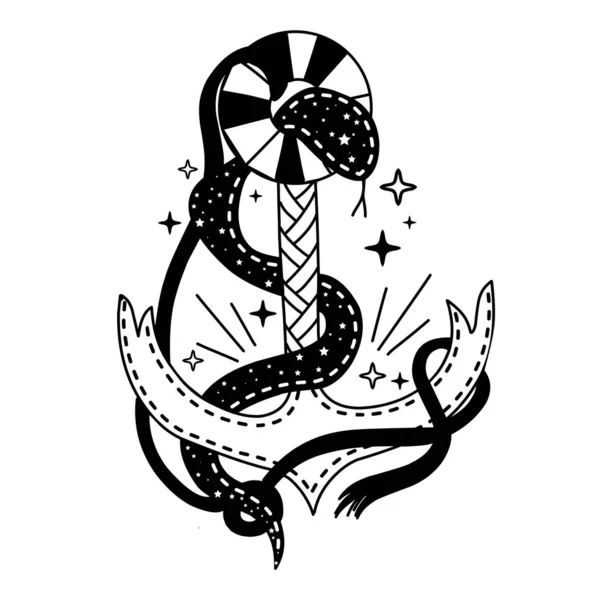 古い学校の入れ墨 アンカー 蛇がアンカーを包む 占星術の入れ墨のスタイル — ストックベクタ